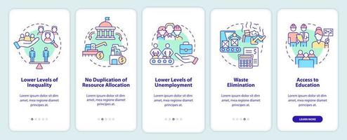 Ventajas de planificación centralizada al incorporar la pantalla de la aplicación móvil. tutorial 5 pasos páginas de instrucciones gráficas con conceptos lineales. interfaz de usuario, ux, plantilla de interfaz gráfica de usuario. innumerables fuentes pro-negrita y regulares utilizadas vector