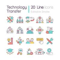 Technology transfer RGB color icons set. Industry innovation and development. Knowledge and skills sharing. Isolated vector illustrations. Simple filled line drawings collection. Editable stroke