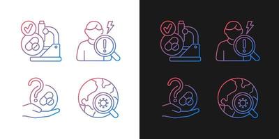 Testing potential treatments gradient icons set for dark and light mode. Successful research. Thin line contour symbols bundle. Isolated vector outline illustrations collection on black and white