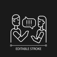 Couple criticizing each other white linear icon for dark theme. People quarreling. Open criticism. Thin line customizable illustration. Isolated vector contour symbol for night mode. Editable stroke