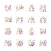 Romance gradient linear vector icons set. Romantic love. Partners spending time. Couple quality time. Happy relationship. Thin line contour symbols bundle. Isolated outline illustrations collection