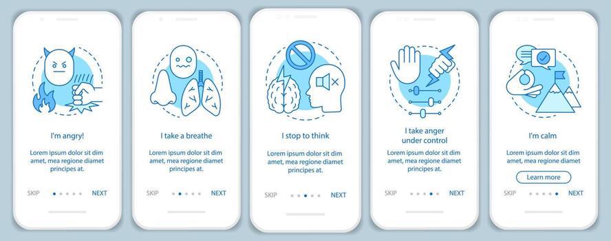 plantilla de vector de pantalla de página de aplicación móvil de incorporación de gestión de ira. respira, para a pensar, tranquilo. paso a paso del sitio web con ilustraciones lineales. ux, ui, concepto de interfaz de teléfono inteligente gui