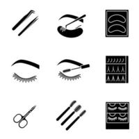 Eyelash extension glyph icons set. Silhouette symbols. Tweezers, disposable eyeshadow pads, closed woman's eye, mascara wands, scissors, eyelash extension packaging. Vector isolated illustration