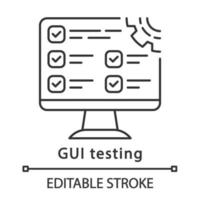 GUI testing linear icon. Program settings. Computer monitor. Tester, quality assurance engineer work. Thin line illustration. Contour symbol. Vector isolated outline drawing. Editable stroke