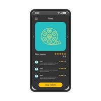 plantilla de vector de interfaz de teléfono inteligente de la aplicación de reserva de entradas de cine. diseño de diseño en negro de la página de la aplicación móvil. calificación de la película, pantalla de comentarios de los usuarios. interfaz de usuario plana asientos de cine en línea comprar pantalla de teléfono