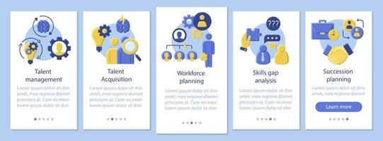 Talent management onboarding mobile app page screen vector template. Workforce planning, talent acquisition. Flat design website instructions. UX, UI, GUI smartphone interface cartoon concept