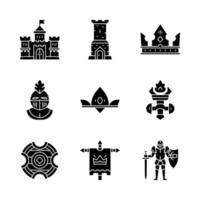 Medieval glyph icons set. Kingdom, castle tower, king crown, knight helmet, queen crown, burning torch, battle shield, royal flag, knight in armor. Silhouette symbols. Vector isolated illustration