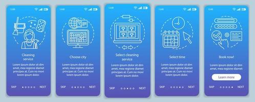 Cleaning service booking onboarding mobile app page screen vector template. Cleanup company. Online form filling. Walkthrough website steps, linear illustrations. UX, UI smartphone interface concept