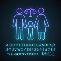 Family court neon light icon. Child custody. Family law proceedings. Divorce mediation, legal separation. Glowing sign with alphabet, numbers and symbols. Vector isolated illustration