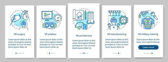 VR technology onboarding mobile app page screen with linear concepts. Virtual surgery, aviation, military, manufacturing walkthrough steps graphic instructions. UX, UI, GUI vector template with icons