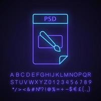 PSD file neon light icon. Layered image file format. Glowing sign with alphabet, numbers and symbols. Vector isolated illustration