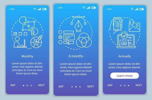 Photo editor subscription onboarding mobile app page screen vector template. Walkthrough website steps with linear illustrations. Monthly or annually tariffs. UX, UI, GUI smartphone interface concept