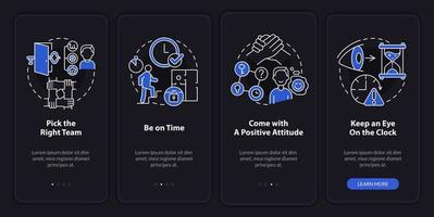 Escape room winning methods night mode onboarding mobile app screen. Walkthrough 4 steps graphic instructions pages with linear concepts. UI, UX, GUI template. Myriad Pro-Bold, Regular fonts used vector