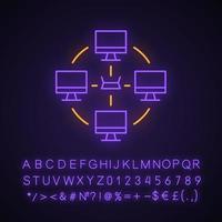 Local area network neon light icon. Esports community. LAN. Computer network. Interconnections between gamers. Glowing sign with alphabet, numbers and symbols. Vector isolated illustration