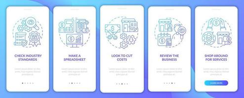 Budgeting for small business blue gradient onboarding mobile app screen. Walkthrough 5 steps graphic instructions pages with linear concepts. UI, UX, GUI template. Myriad Pro-Bold, Regular fonts used