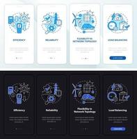 Smart grid features night and day mode onboarding mobile app screen. Tech walkthrough 4 steps graphic instructions pages with linear concepts. UI, UX, GUI template. Myriad Pro-Bold, Regular fonts used vector