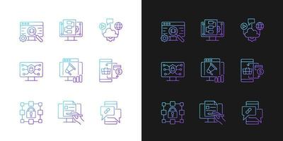 Digital proficiency gradient icons set for dark and light mode. Internet safety. Cloud solutions. Thin line contour symbols bundle. Isolated vector outline illustrations collection on black and white