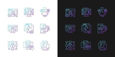 Digital proficiency gradient icons set for dark and light mode. Internet safety. Cloud solutions. Thin line contour symbols bundle. Isolated vector outline illustrations collection on black and white