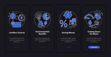 Renewable energy benefits onboarding mobile app page screen. Nature walkthrough 4 steps graphic instructions with linear concepts. UI, UX, GUI template. Night mode. Myriad Pro-Bold, Regular fonts used vector