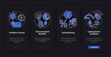 beneficios de energía renovable al incorporar la pantalla de la página de la aplicación móvil. tutorial de la naturaleza instrucciones gráficas de 4 pasos con conceptos lineales. interfaz de usuario, ux, plantilla de interfaz gráfica de usuario. modo nocturno. innumerables fuentes pro-negrita y regulares utilizadas vector