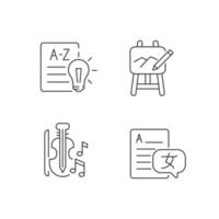 Variety of subjects in school linear icons set. Learning foreign languages. Financial literacy. Customizable thin line contour symbols. Isolated vector outline illustrations. Editable stroke