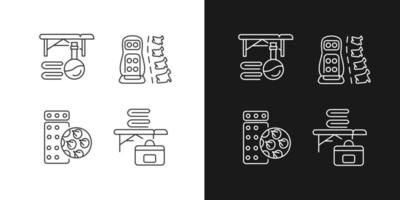 Back massage equipment linear icons set for dark and light mode. Portable table. Acupressure mat, vibrating pad. Customizable thin line symbols. Isolated vector outline illustrations. Editable stroke