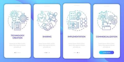 Fases de transferencia de tecnología incorporando la pantalla de la página de la aplicación móvil. tutorial de comercialización de productos instrucciones gráficas de 4 pasos con conceptos. ui, ux, plantilla vectorial gui con ilustraciones en color lineal vector