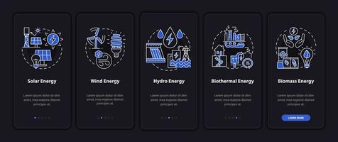 pantalla de la página de la aplicación móvil de incorporación de energía renovable. Instrucciones gráficas de 5 pasos de Power Walkthrough con conceptos lineales. interfaz de usuario, ux, plantilla de interfaz gráfica de usuario. modo nocturno. innumerables fuentes pro-negrita y regulares utilizadas vector