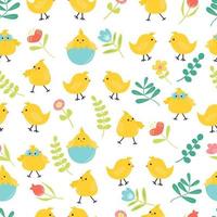 Seamless pattern with lovely chicken, flowers and leaves vector