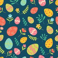 Easter, spring garden, floral seamless pattern with different flowers, leaves and eggs. Flat illustration vector