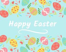 Border for Easter with different flowers leaves and eggs Flat vector illustration