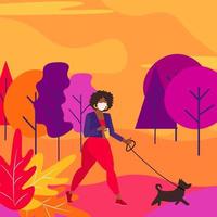 hermosas mujeres afro con chaqueta de cuero caminando en el parque o bosque de otoño con perro y bebiendo café. la chica tiene una máscara protectora en la cara. mejor amiga, hablando con el concepto de mascota. ilustración plana vector