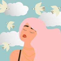 hermosa chica con cabello rosado y lápiz labial rojo mira al cielo y sueña con algo. fondo azul con nubes y pájaros. ilustración plana vector