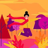 hermosa chica con bufanda roja y chaqueta amarilla saltando contra el fondo de un parque o bosque de otoño. ilustración plana en color naranja, rojo y morado vector