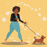 hermosas mujeres afro con chaqueta de cuero caminando con perro y tomando café. mejor amigo, hablando con el concepto de mascota. ilustración plana