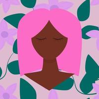 mujeres afro con cabello rosado y ojos cerrados. fondo floral sin fisuras. ilustración plana vector