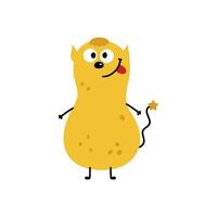 Funny yellow monster with tongue hanging out.  Vector doodle illustration. Print for clothes.