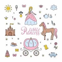 Little princess. Set of stickers for girl. Magic horse and carriage. Fashion accessories. Vector doodle illustration.