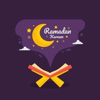 Ramadan Kareem Illustration With Crescent Moon And Al Quran Concept. Flat Design Cartoon Style vector