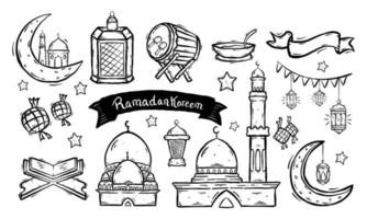 conjunto de elementos de fideos islámicos relacionados con el acebo ramadán. concepto de diseño símbolos e iconos islámicos con estilo de boceto dibujado a mano vector