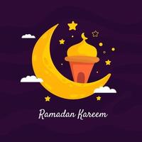 Ramadan Kareem Illustration With Crescent Moon And Mosque Concept. Flat Design Cartoon Style vector