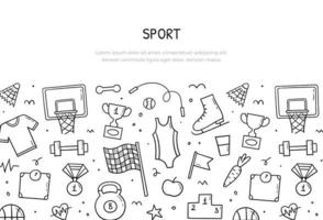 Hand drawn set of Sports objects and elements. Banner template horizontal. Collection fitness signs and symbols. Doodle sketch style. Vector illustration.