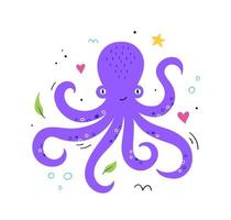 pulpo lindo dibujado a mano. animal acuático con tentáculos. personaje animado. ilustración vectorial plana. vector