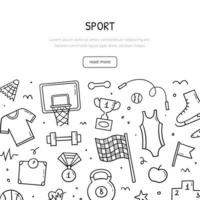 Hand drawn doodle set of Sports theme items. Banner template. Collection fitness objects and elements. Sketch style. Vector illustration.