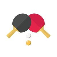 ilustración plana de tenis de mesa y ping pong. paleta negra y roja con bolas blancas y amarillas diseño de icono brillante sobre fondo blanco aislado vector