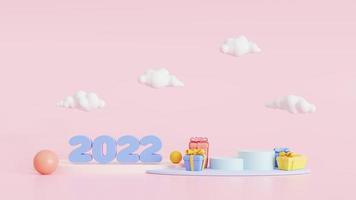 The minimal scene with a podium and gift boxes, pastel. 3D numbers 2022, poster, banner, cover card, brochure, studio, mockup. for displaying the products, 3d illustration photo