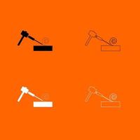 Hammer and wood carpentry icon set white black color vector illustration image flat style