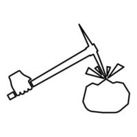 Pickaxe mining beats stones flying Holding in hand contour outline line icon black color vector illustration image thin flat style