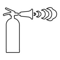 Fire extinguisher in action with foam bubbles jet for extinguishing puts out fire fighting contour outline line icon black color vector illustration image thin flat style