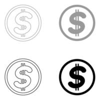 dólar en el círculo el icono de color gris negro establecido vector